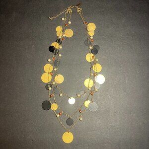 Boho Gypsy Gold Tone & Black Circle Multi Layered Glam Statement Necklace 18"